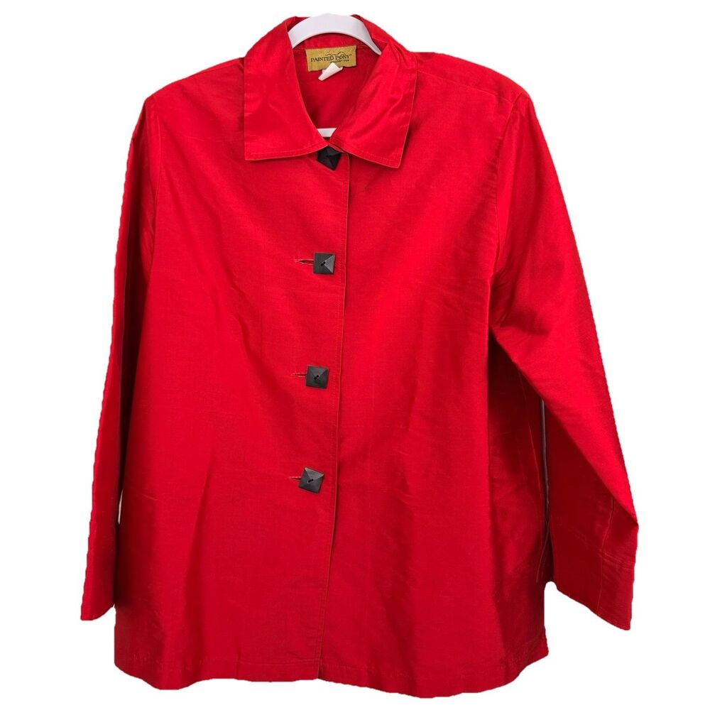 Painted Pony Silk Blazer Jacket Red Womens Sz XL Buttons 3/4 Sleeves Made in USA